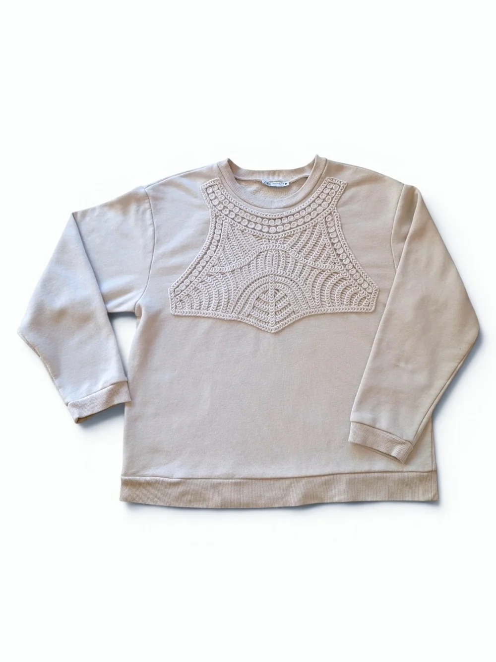 Zara Macrame' Beige Crochet Yoke Boho Pullover Sweatshirt